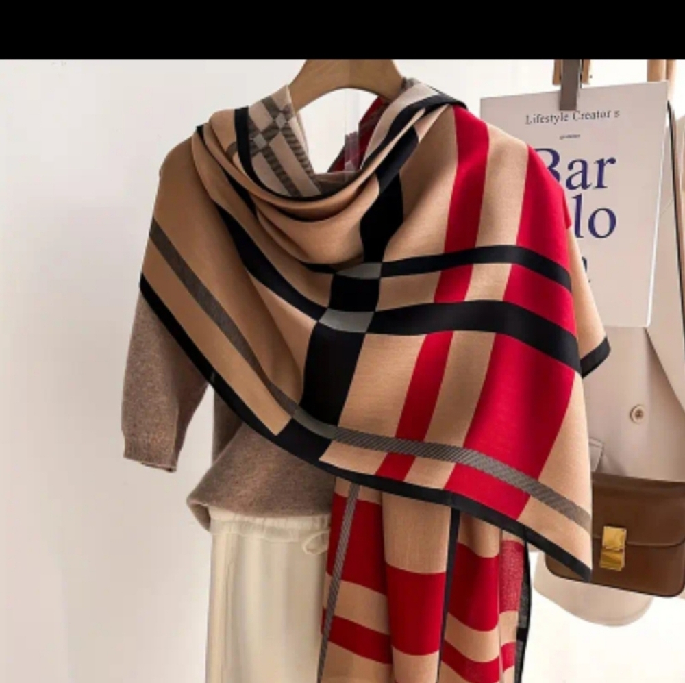 Unk Beige, Red & Black Plaid Scarf Wrap